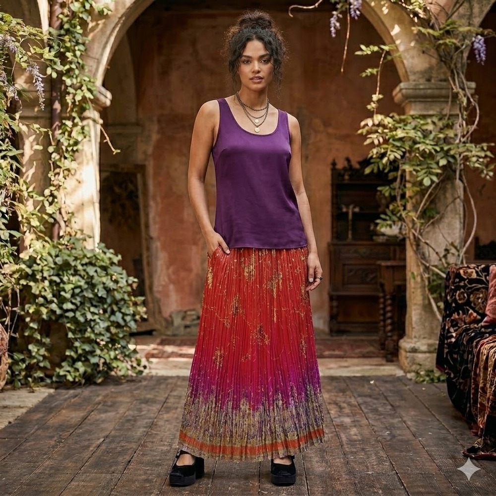 Vintage Stonebridge Ombre Butterfly‎ Broomstick Maxi Skirt Red Purple Boho PM